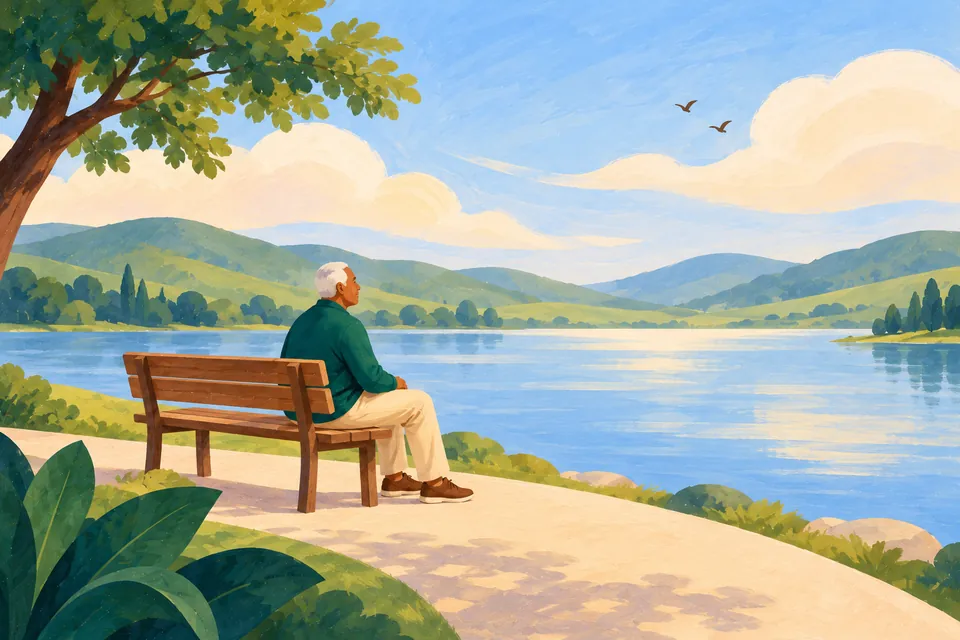 An older man rests on a bench beside a lake in daylight.