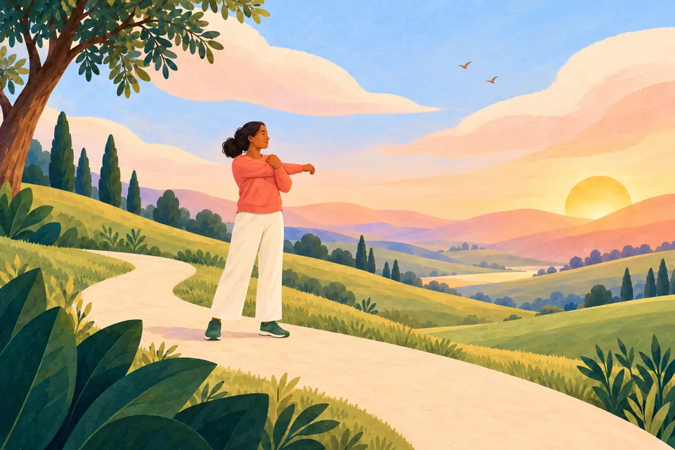 A woman stretches on a path among rolling hills in the morning light.