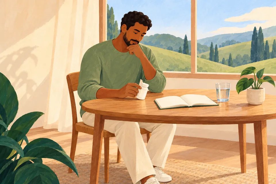 An adult examines a small white bottle at a table beside a notebook, a glass of water and a plant.