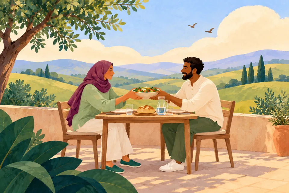Two adults share vegetables at a garden table with bread and water in daylight.