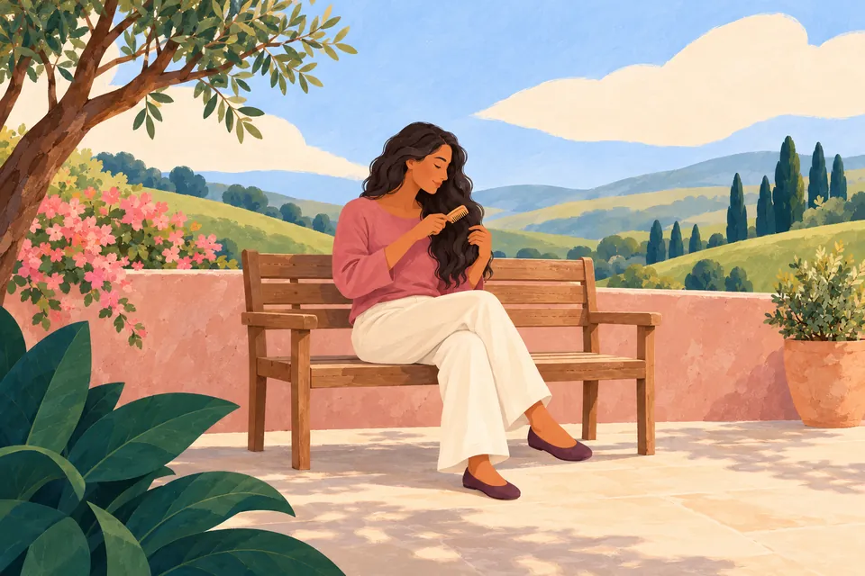 A woman sitting on a bench combs her hair on a sunny terrace.