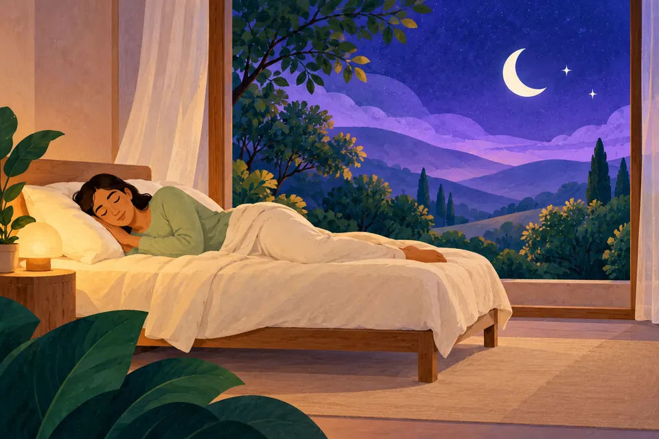 A woman sleeps in bed beside a window overlooking a moonlit garden.