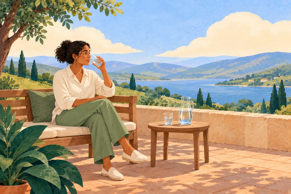 A woman seated on a terrace bench drinks water beside a table with a carafe and a glass, overlooking a lake.