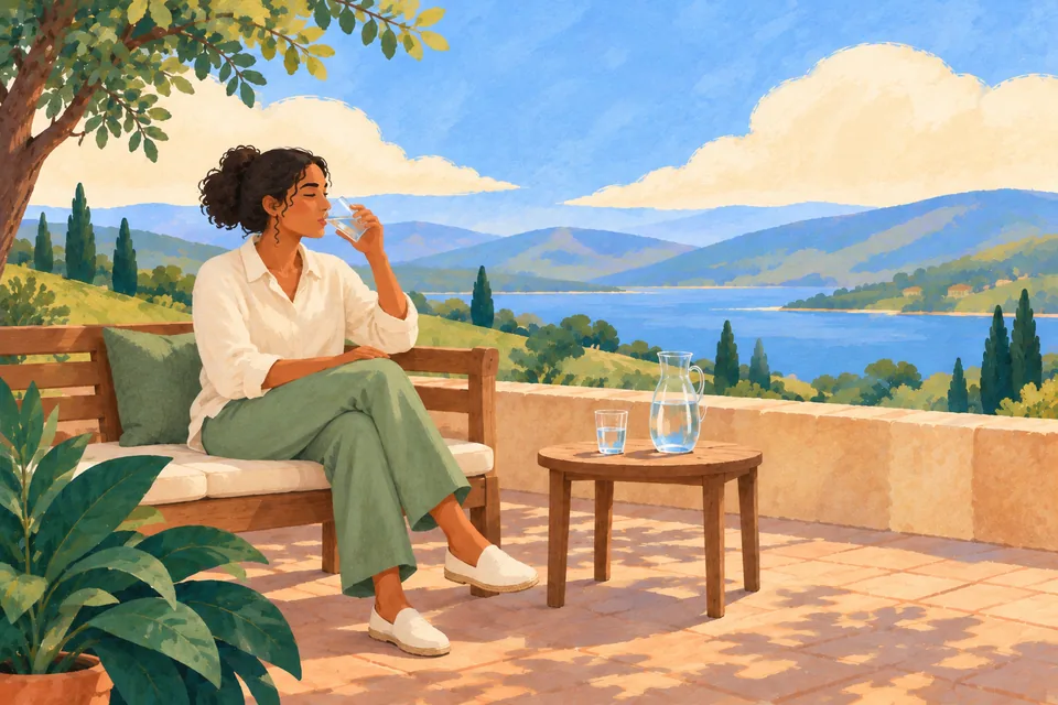 A woman seated on a terrace bench drinks water beside a table with a carafe and a glass, overlooking a lake.