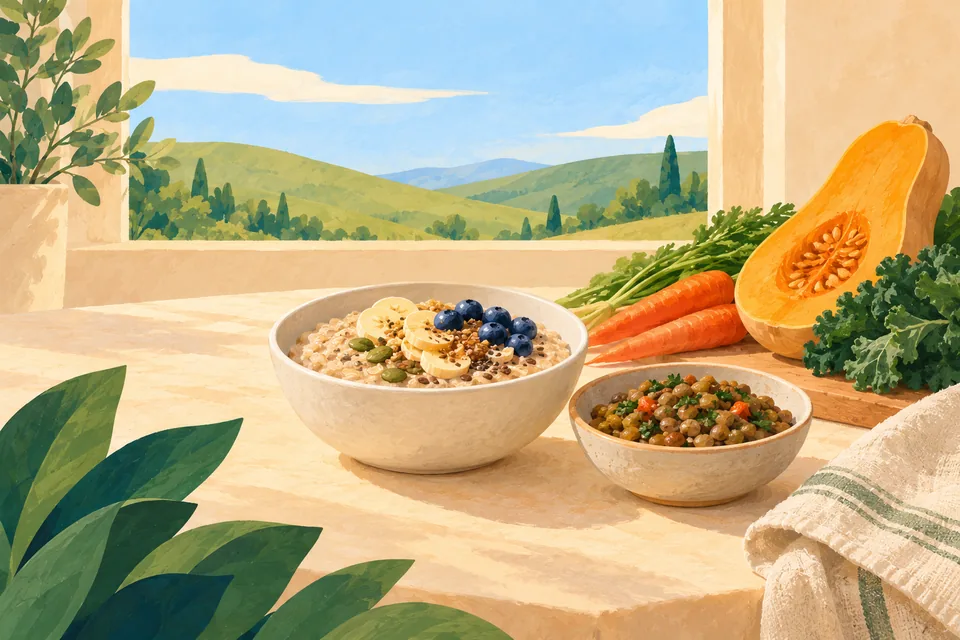Painted bowls of oats and lentils with carrots and squash beside a window overlooking green hills.