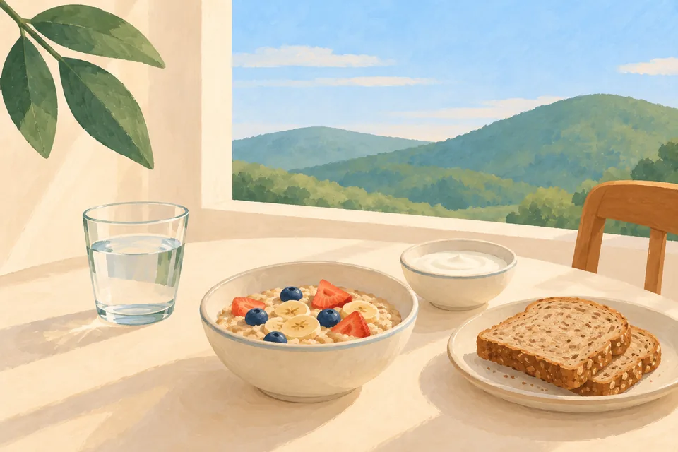 A painted breakfast still life with porridge and fruit, yogurt, wholegrain bread and a glass of water on a cream table by a bright window.