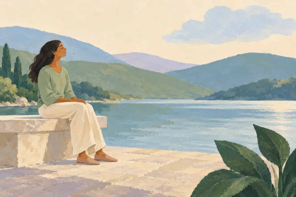 An adult sits comfortably on a shaded terrace beside a quiet lake, with broad leaves and a soft daytime sky.