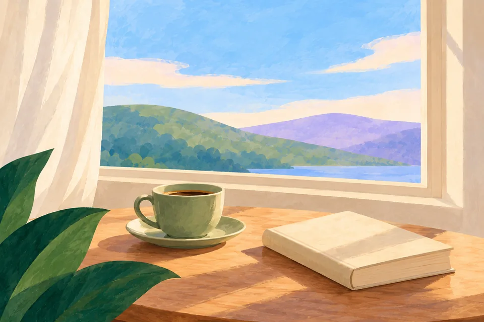A painted daytime pause: a green coffee cup and a closed cream book on a wooden table, beside a window overlooking soft hills and water.