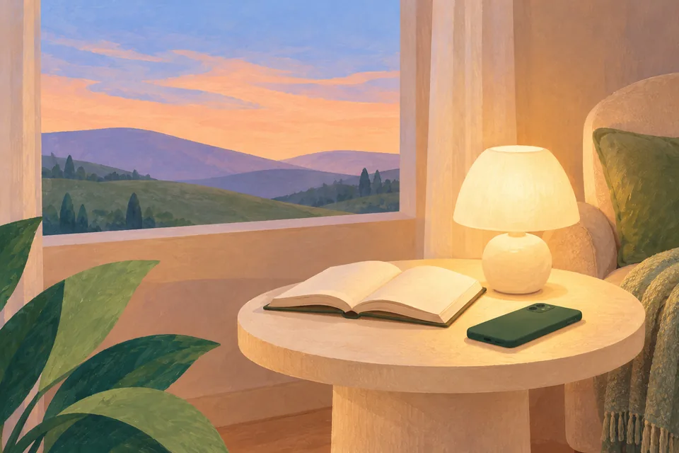 An open book, a face-down phone and a warm lamp beside a window at dusk, painted in soft gouache.