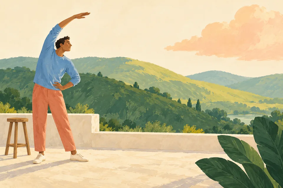 A man stretches gently beside a wooden stool on a sunlit terrace overlooking broad green hills.