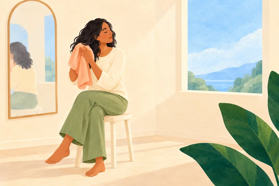 A seated woman in an opaque cream top gently presses a peach towel against her dark hair, beside a curved mirror and a bright window.