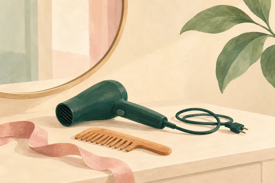 A painted dressing table with an unplugged green hair dryer, a wooden wide-tooth comb and a pink ribbon, beneath a curved mirror and sage leaves.