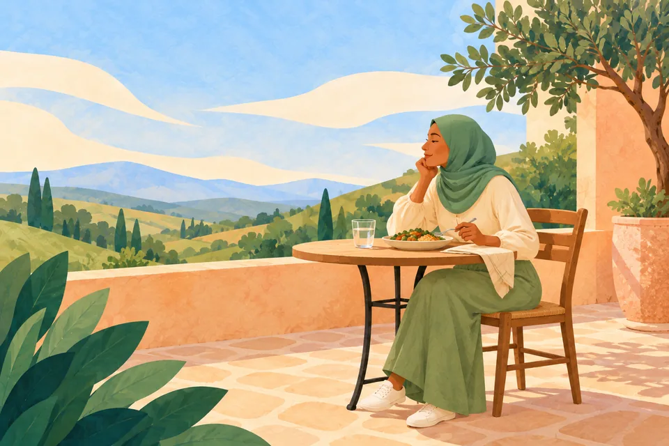 A painted woman in a sage headscarf enjoying a meal on a terrace above soft green hills.