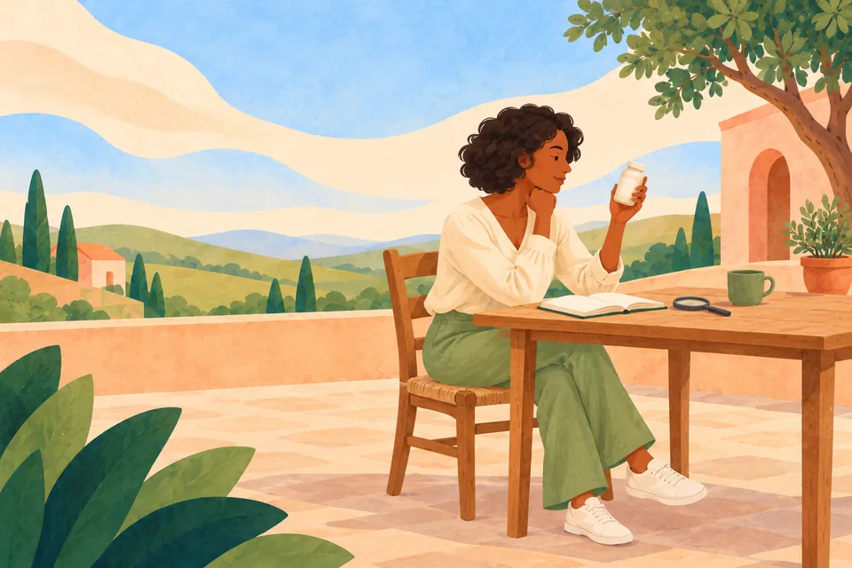 A painted woman examining an unlabelled bottle at a terrace table with a notebook and magnifying glass.