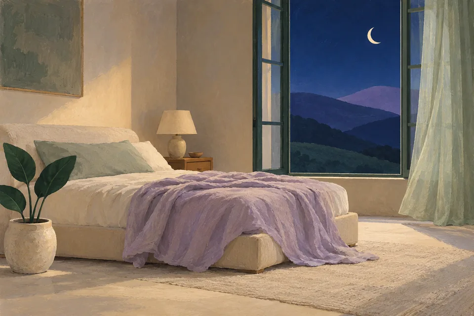 A quiet painted bedroom with sage curtains, a purple blanket and a crescent moon outside the window.